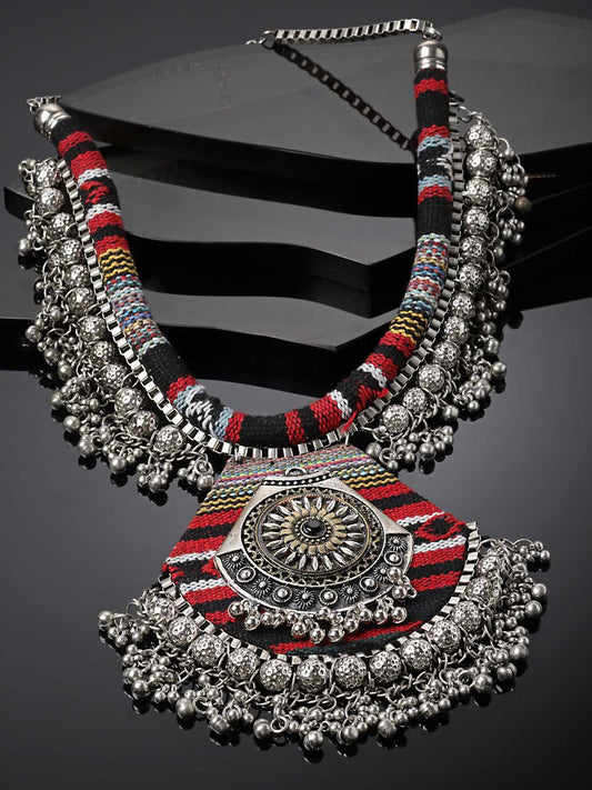 Silver-Plated Hanging Ghungroos Fabric Handcrafted Boho Necklace