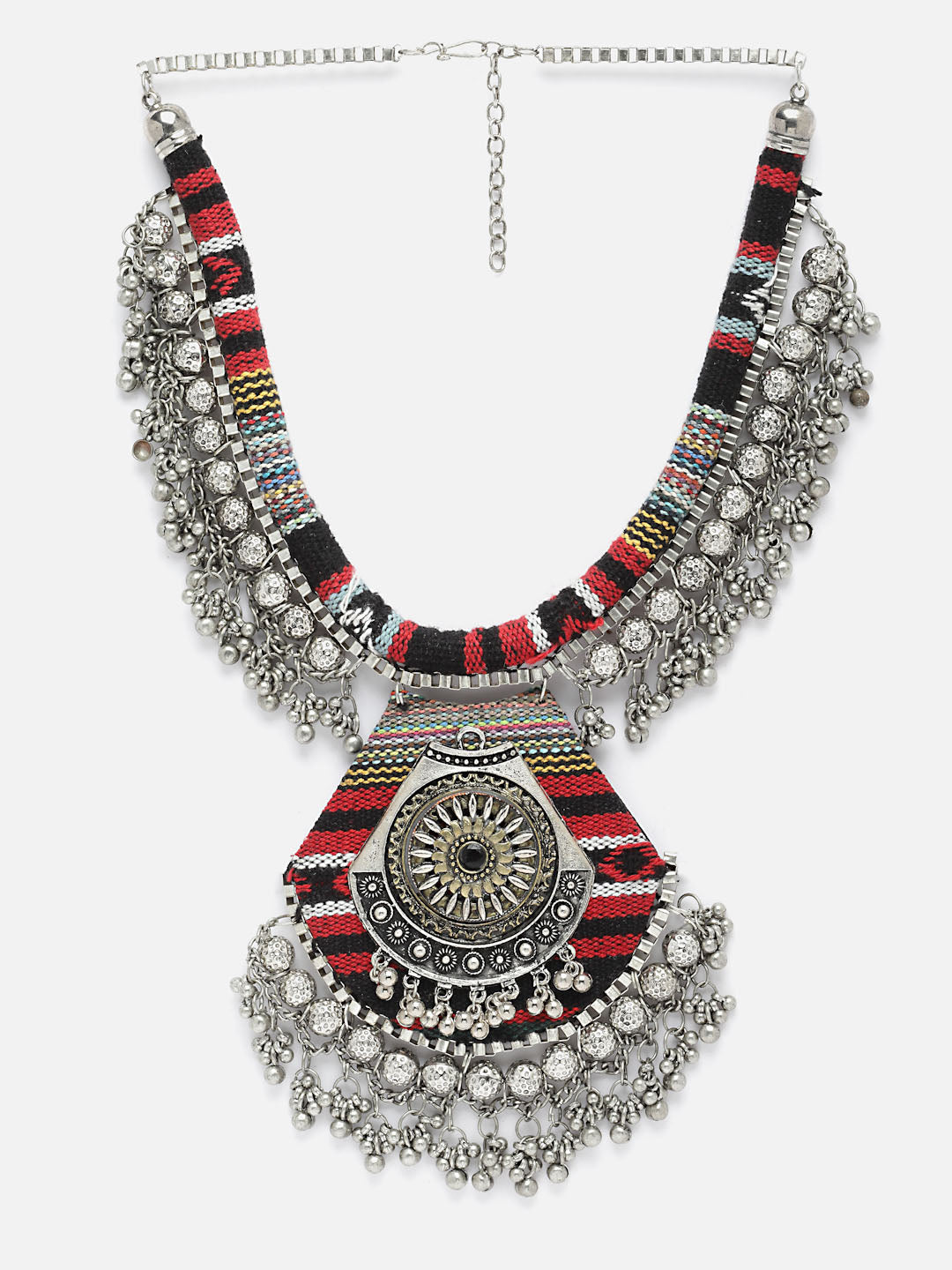 Silver-Plated Hanging Ghungroos Fabric Handcrafted Boho Necklace