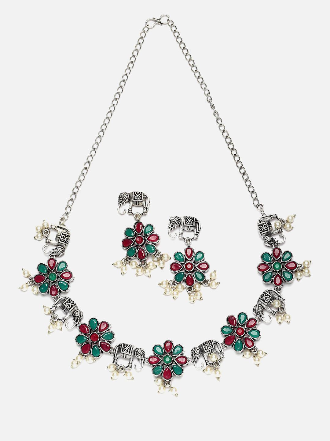 Oxidised Silver-Plated Stone Studded Pearl Elephant Shaped