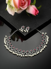 Silver-Plated Stone-Studded & Pearl-Beaded Necklace And Earrings