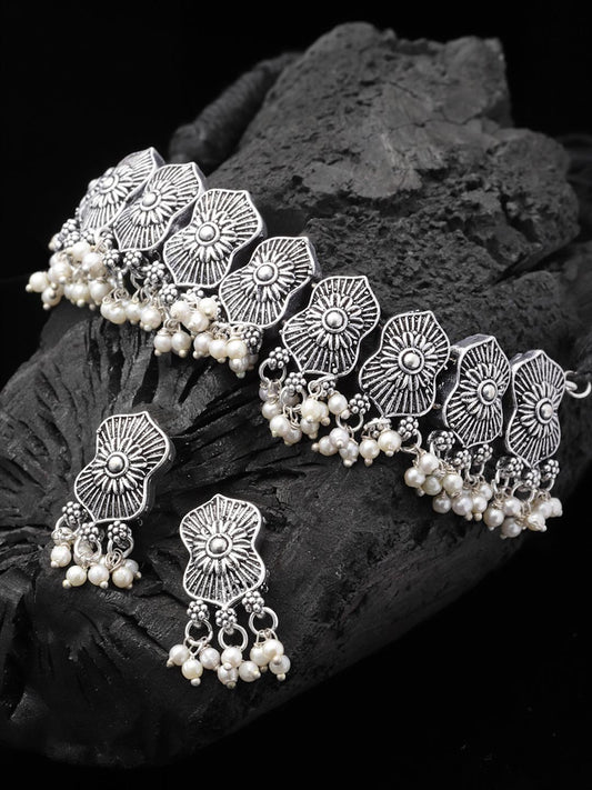 Oxidised Silver-Plated Pearl Handcrafted Jewellery Set