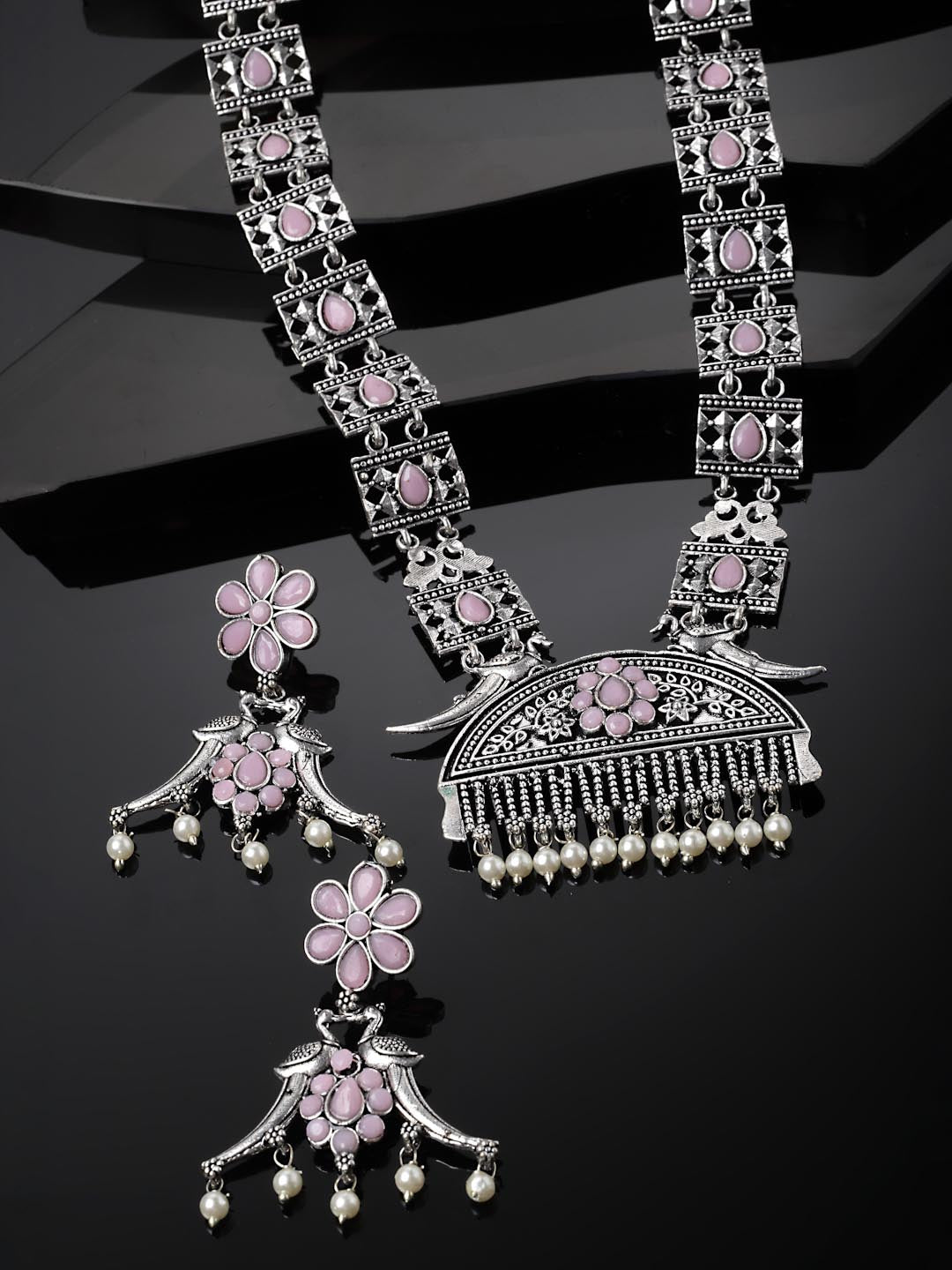 Oxidised Silver-Plated Pink Stone & Pearl Peacock Shaped Jewellery Set