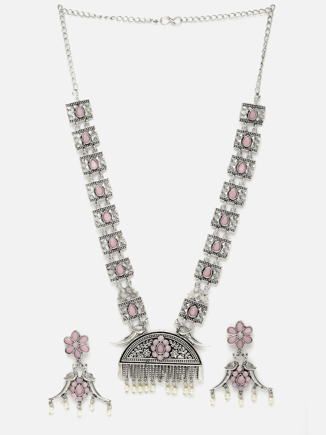 Oxidised Silver-Plated Pink Stone & Pearl Peacock Shaped Jewellery Set