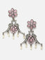 Oxidised Silver-Plated Pink Stone & Pearl Peacock Shaped Jewellery Set