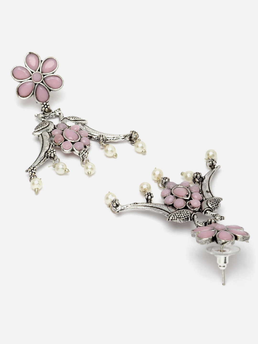 Oxidised Silver-Plated Pink Stone & Pearl Peacock Shaped Jewellery Set