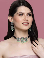 Silver-Plated Green Stone-Studded Embellished Jewellery Set