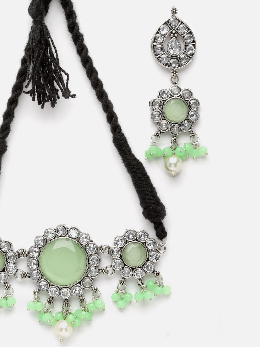 Silver-Plated Green Stone-Studded Embellished Jewellery Set