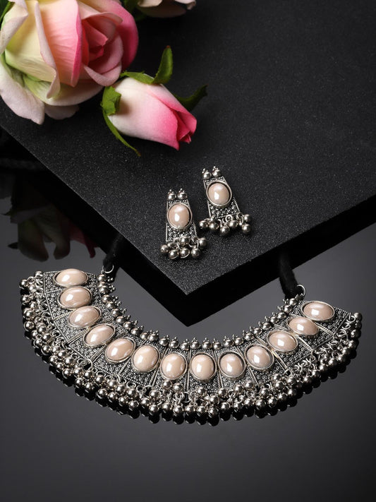 Oxidised Silver-Plated Pink Stone Studded Jewellery Set