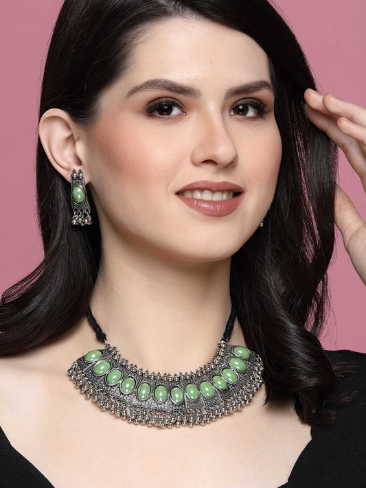 Oxidised Silver-Plated Green Stone Studded Jewellery Set