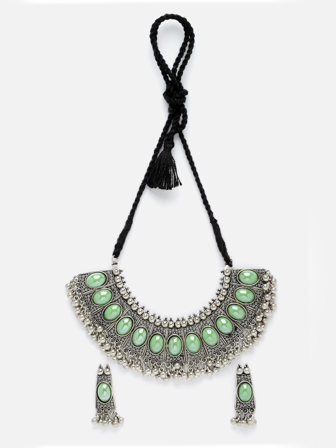 Oxidised Silver-Plated Green Stone Studded Jewellery Set