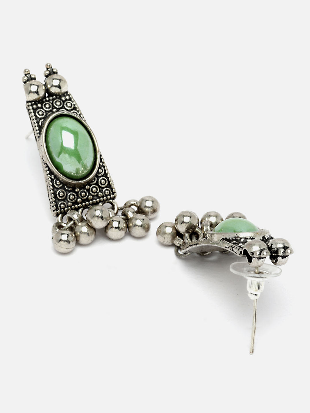 Oxidised Silver-Plated Green Stone Studded Jewellery Set