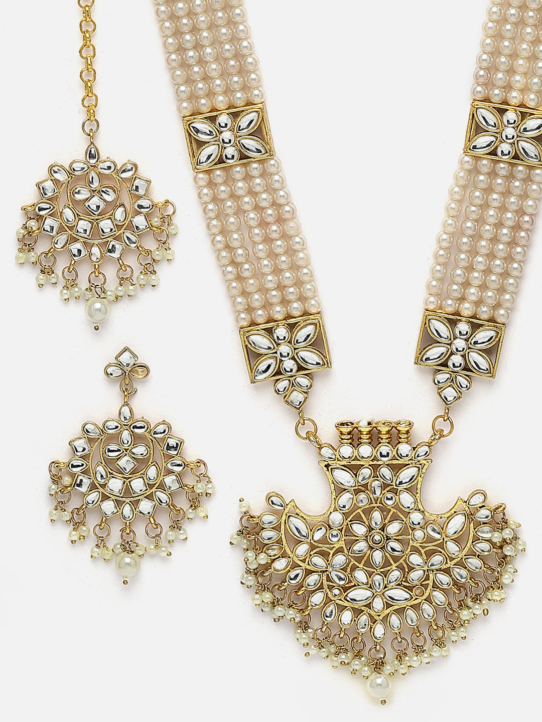 Gold-Plated Kundan Stone-Studded & Pearl Layered Jewellery Set