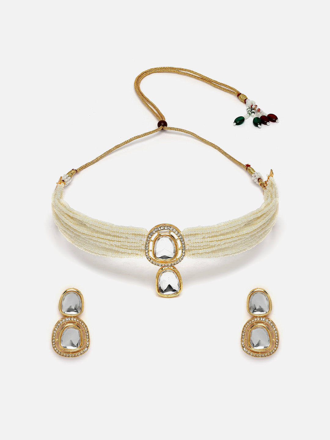 Gold-Plated CZ-Studded & Pearl Beaded Choker Jewellery Set