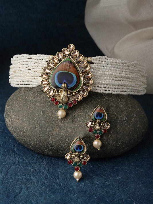 Gold Plated Peacock Shaped Stone Studded & Pearl Beaded Choker Jewellery Set