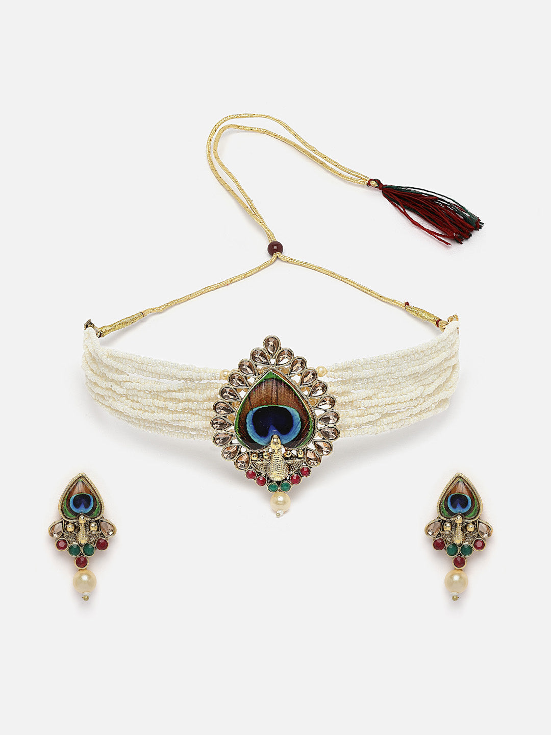 Gold Plated Peacock Shaped Stone Studded & Pearl Beaded Choker Jewellery Set