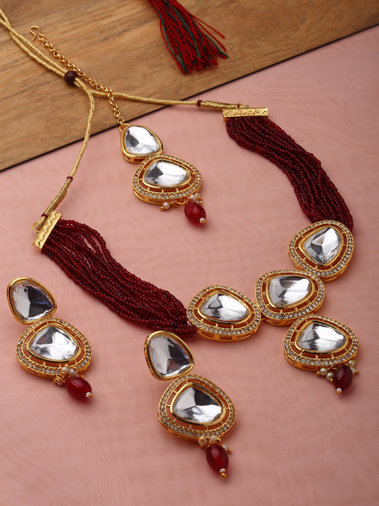 Gold-Plated Cubic Zirconia Studded & Beaded Jewellery Set