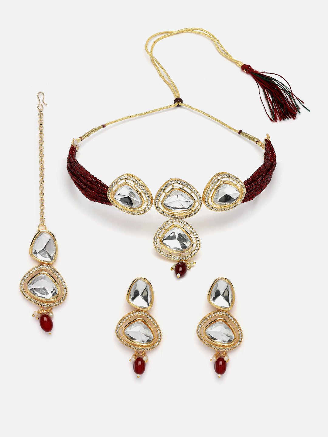 Gold-Plated Cubic Zirconia Studded & Beaded Jewellery Set