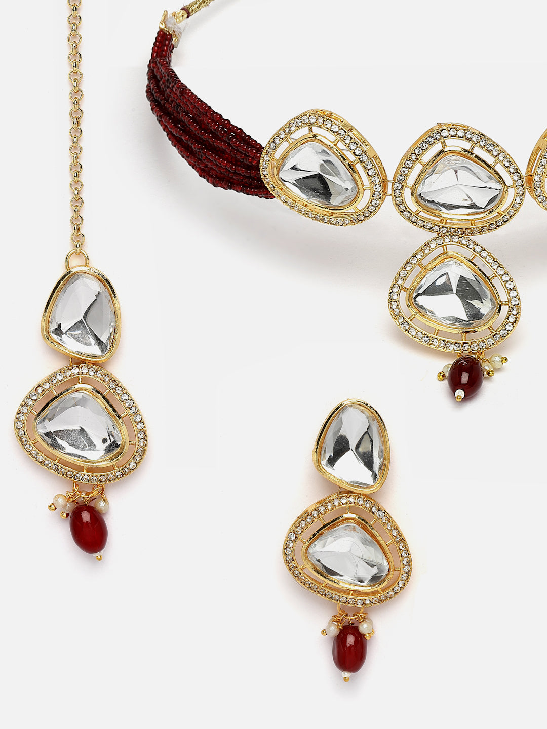 Gold-Plated Cubic Zirconia Studded & Beaded Jewellery Set