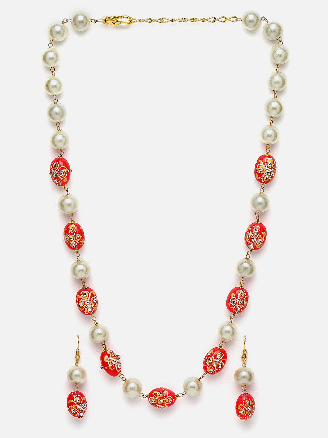 Gold Plated Stone Studded & Pearl Beaded Jewellery Set