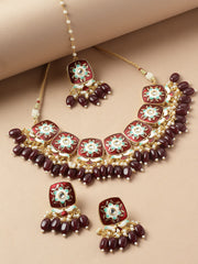 Gold Plated Kundan Studded & Beaded Necklace With Earings and Maang Tika