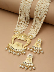 Gold Plated Stone Studded & Pearl Beaded Jewellery Set