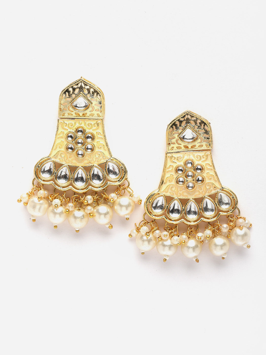 Gold Plated Stone Studded & Pearl Beaded Jewellery Set