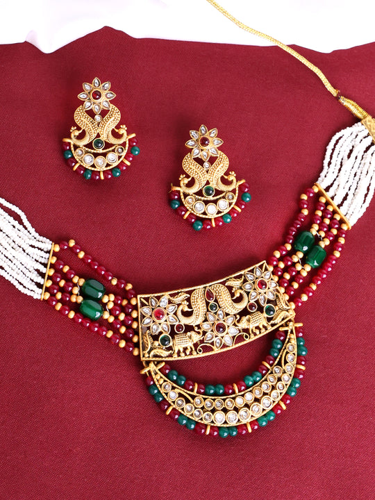 PANASH- Gold-Plated Kundan Studded & Pearl Beaded Jewellery Set