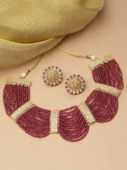 Gold Plated Stone Studded & Pearl Beaded Jewellery Set