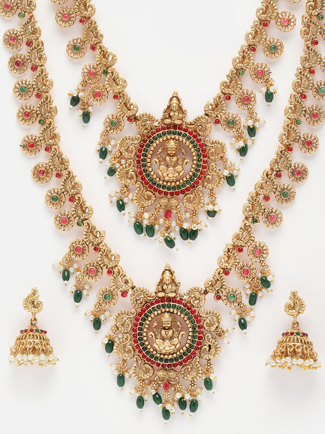 Set Of 2 Gold-Plated Pink & Green Beaded Pearl Studded Jewellery Set