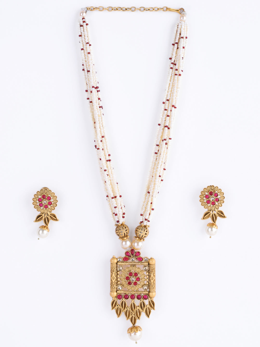 Gold-Plated Beaded & Stone-Studded Floral Jewellery Set