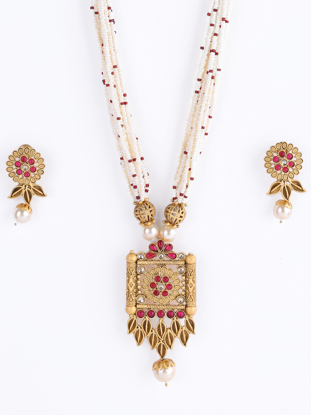 Gold-Plated Beaded & Stone-Studded Floral Jewellery Set