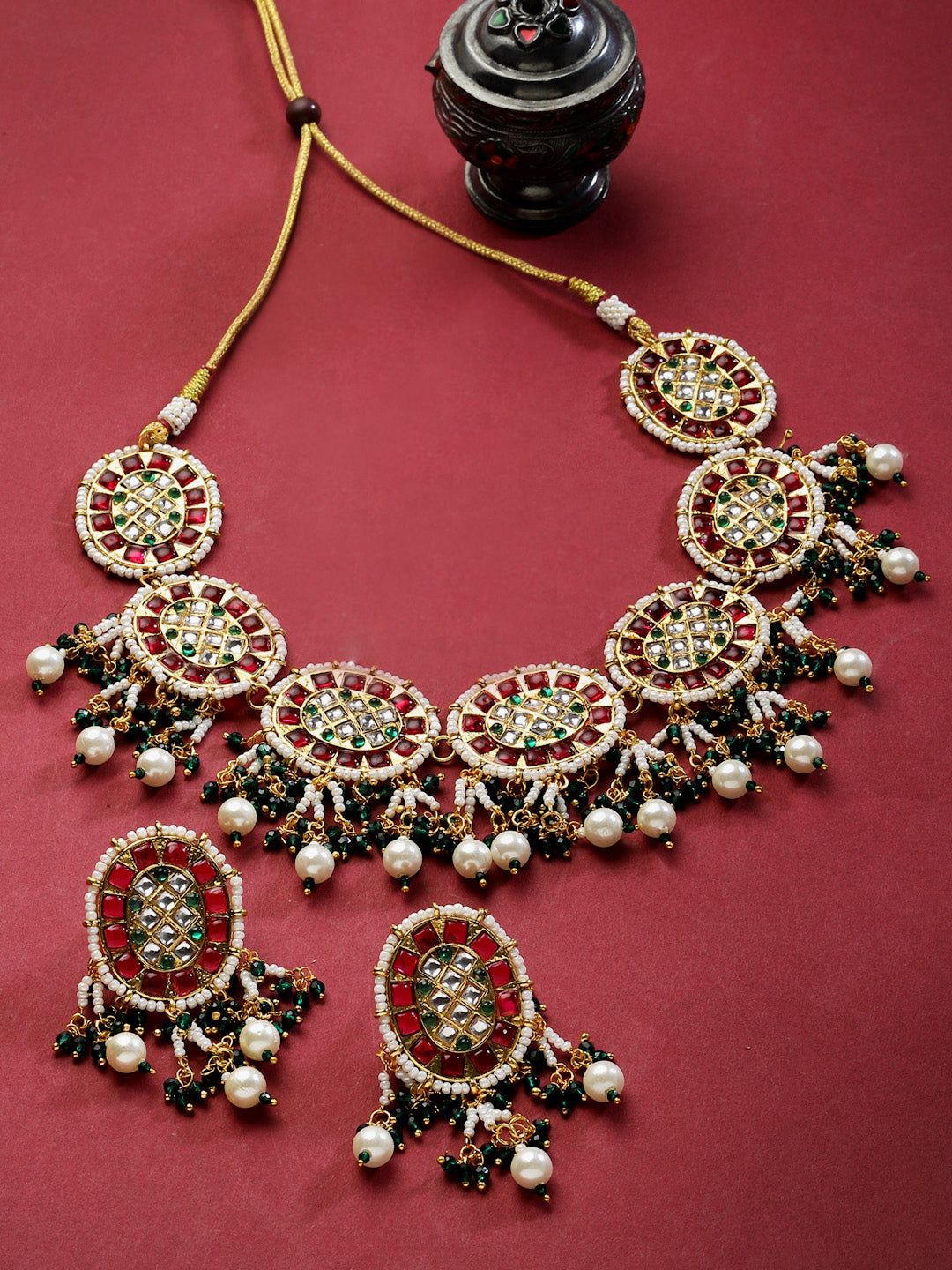Gold-Plated Kundan-Studded & Beaded Jewellery Set