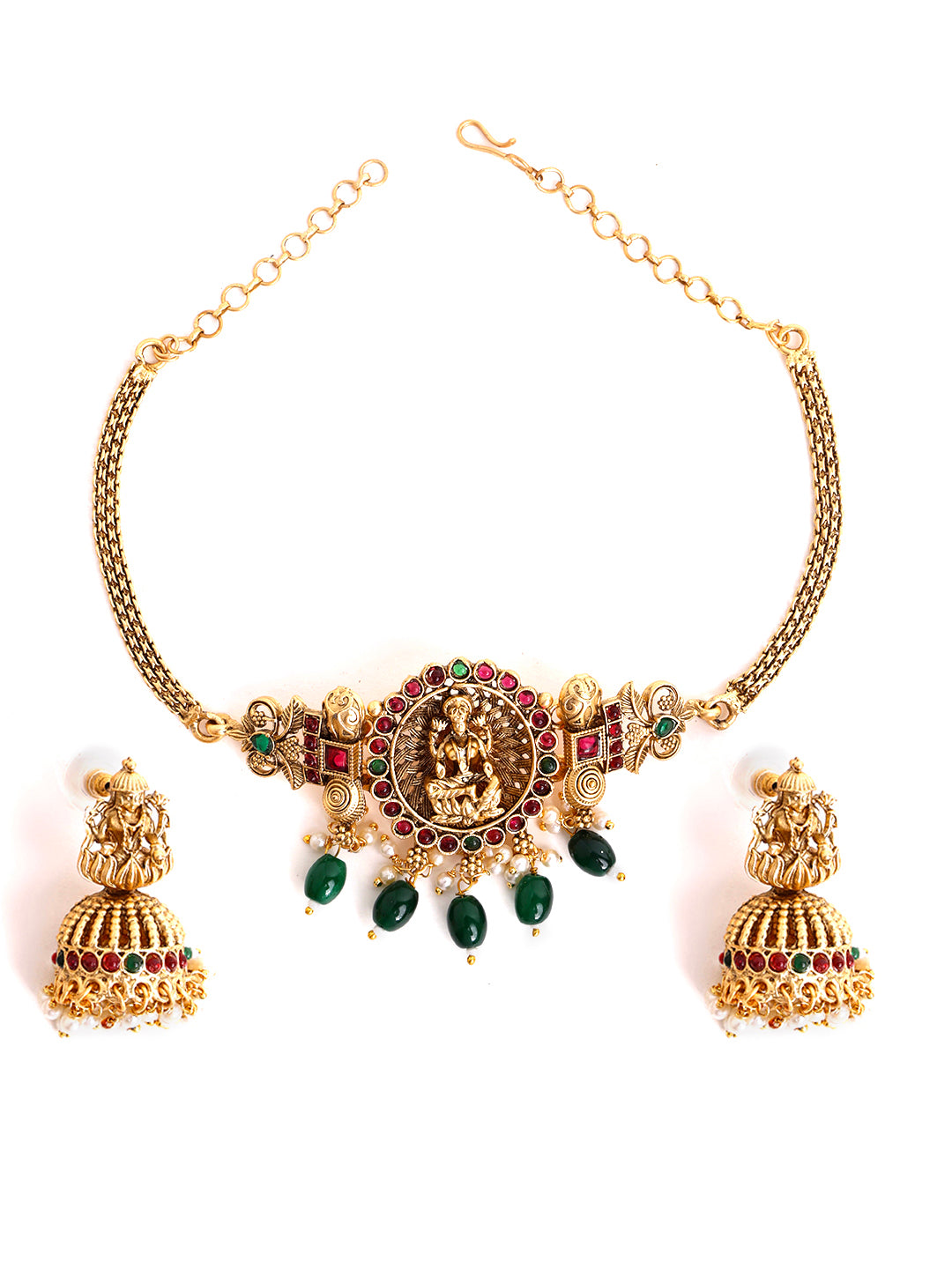 Gold-Plated Stone-Studded & Beaded Temple Jewellery Set