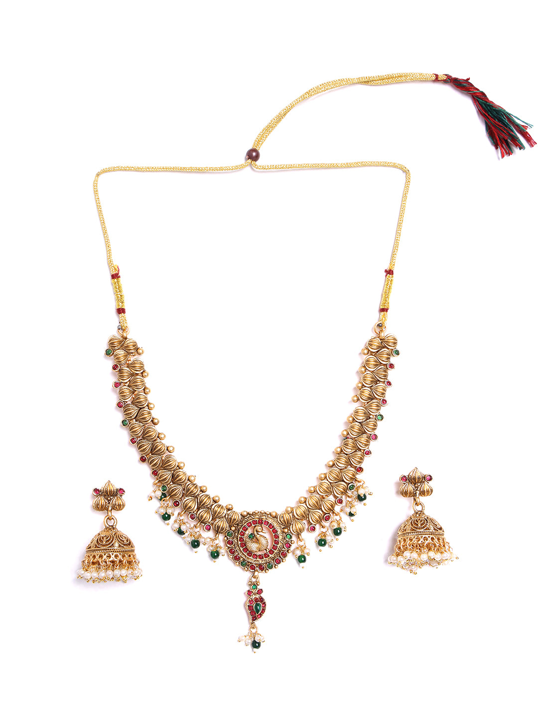 Gold-Plated Peacock Shaped Stone-Studded & Beaded Jewellery Set