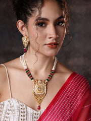 Gold-Plated Stone-Studded & Beaded Jewellery Set