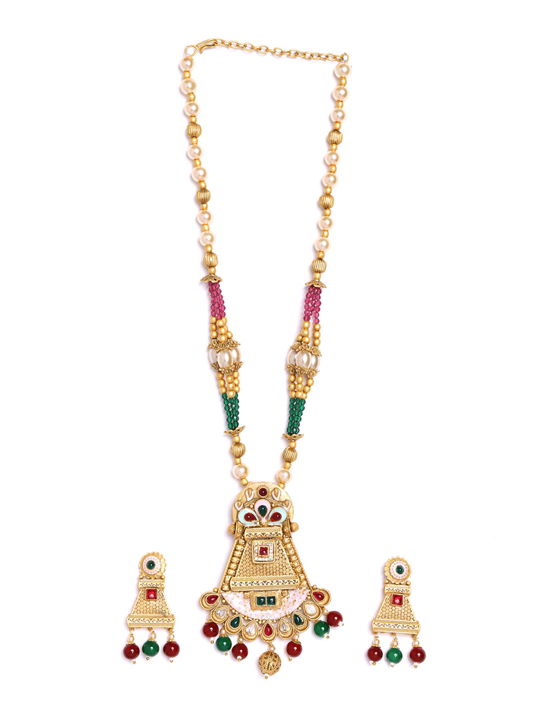 Gold-Plated Stone-Studded & Beaded Jewellery Set