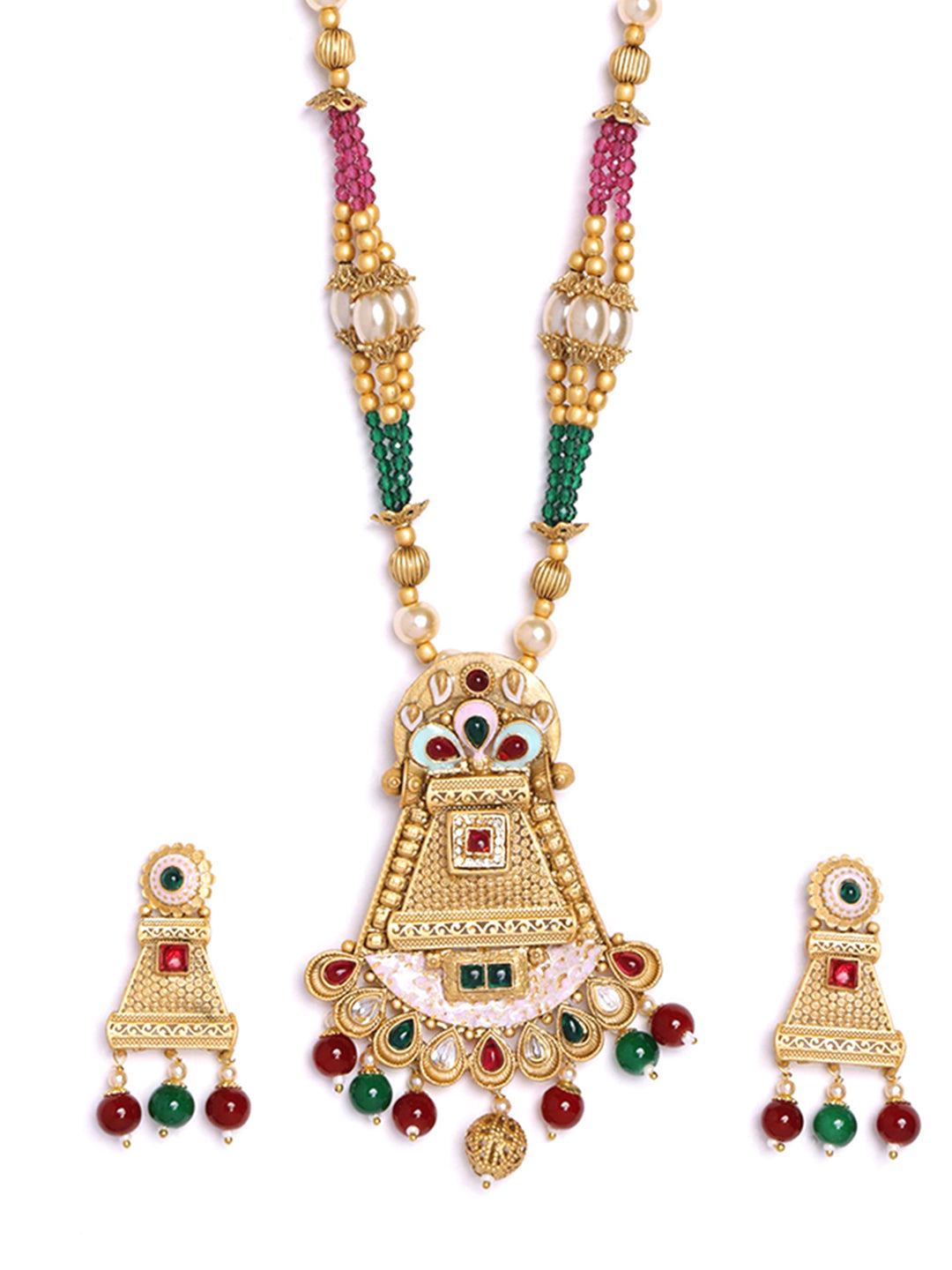 Gold-Plated Stone-Studded & Beaded Jewellery Set