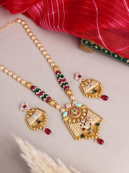 Gold Plated Stones Studded & Beaded Jewellery Set