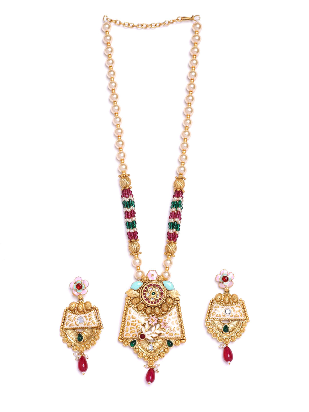 Gold Plated Stones Studded & Beaded Jewellery Set