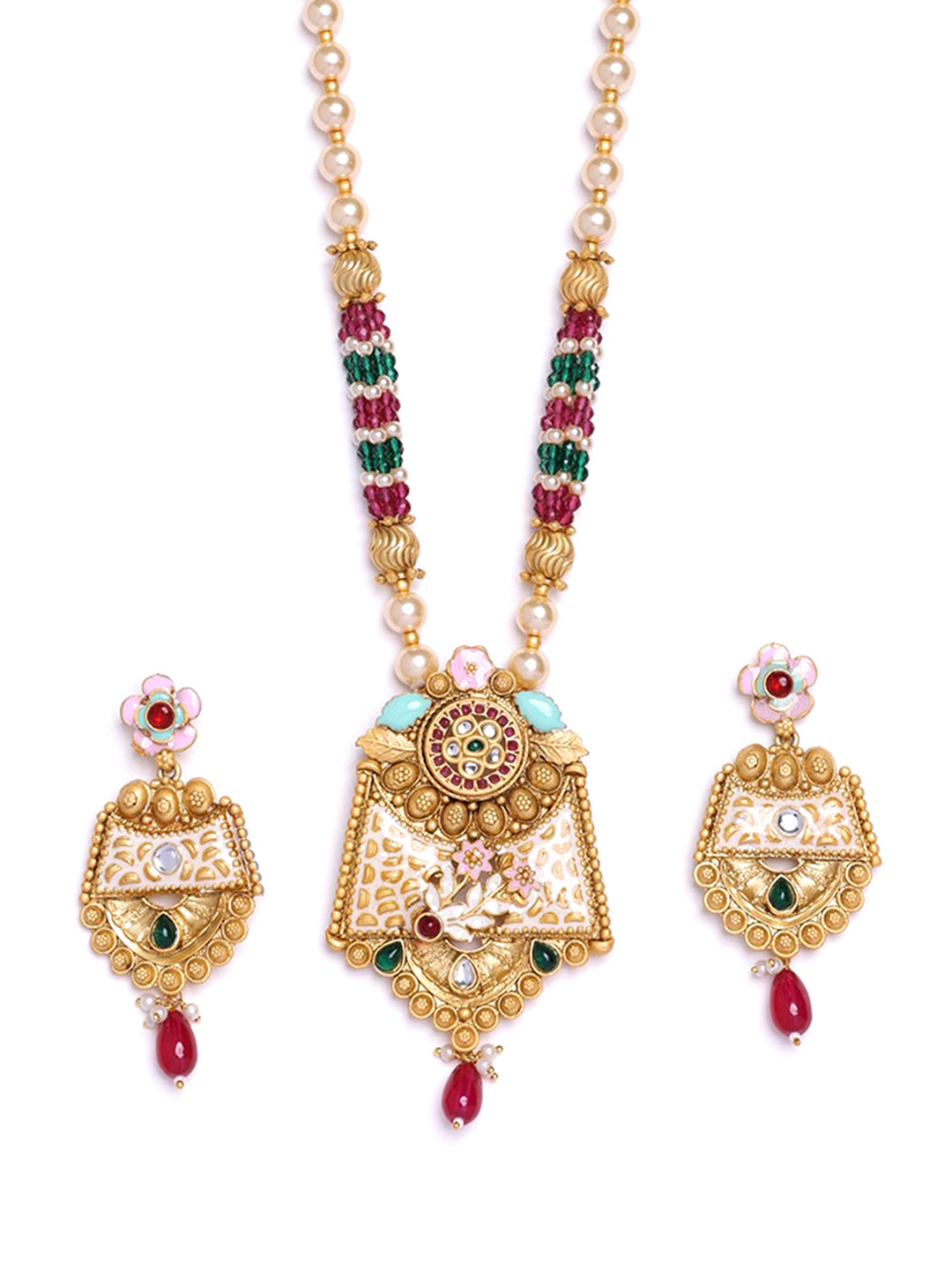 Gold Plated Stones Studded & Beaded Jewellery Set