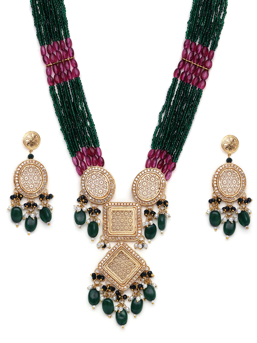 Gold-Plated AD Stone Studded & Beaded Jewellery Set