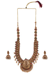 Gold Plated Temple Necklace Set with Lakshmi Motif & Pearl Detailing