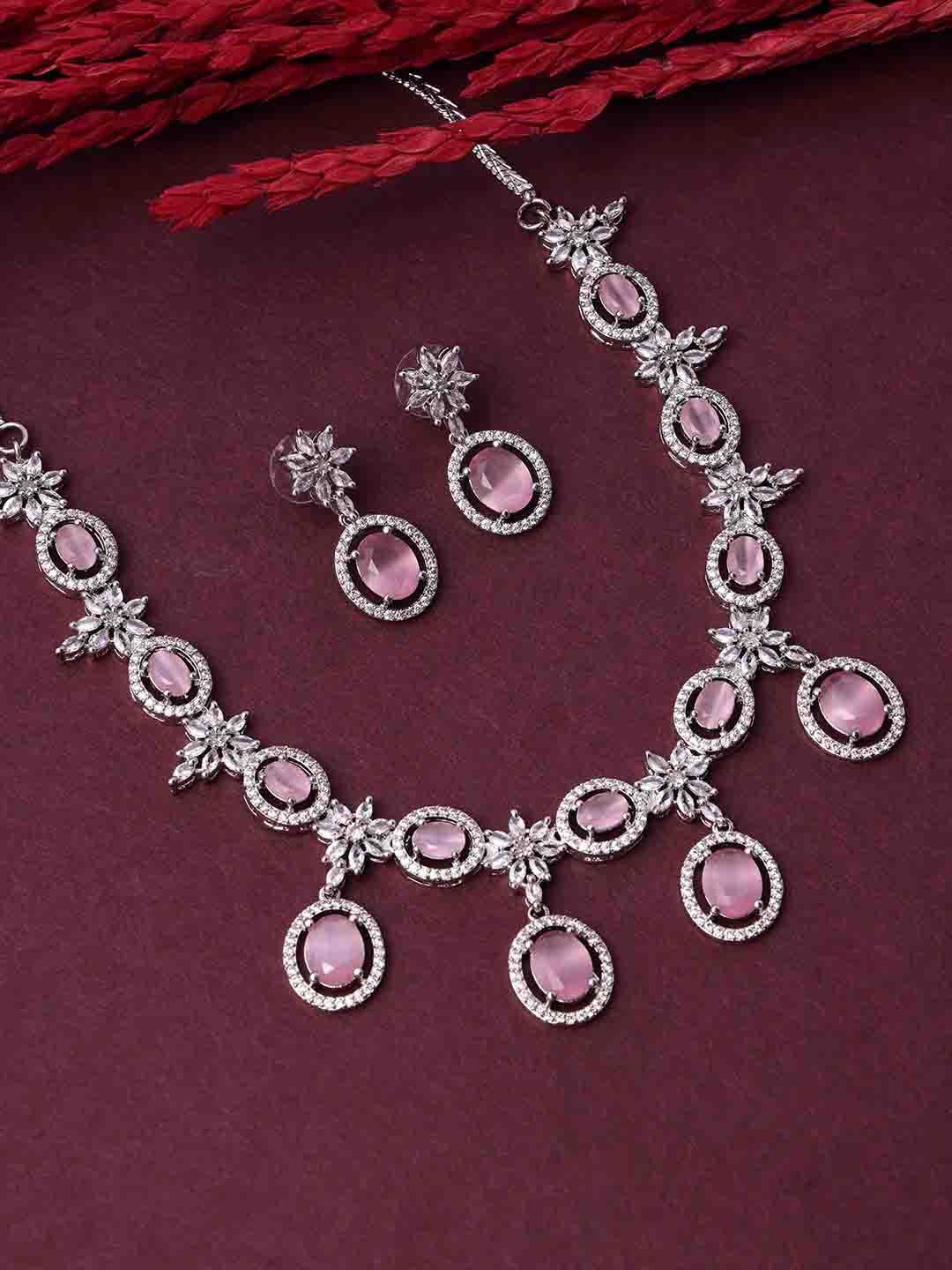 Rhodium Plated Necklace Set With American Diamond & Pink Stone Accents