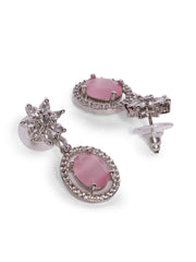 Rhodium Plated Necklace Set With American Diamond & Pink Stone Accents