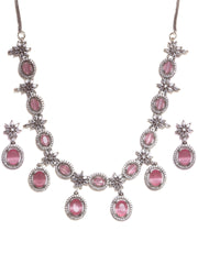 Rhodium Plated Necklace Set With American Diamond & Pink Stone Accents