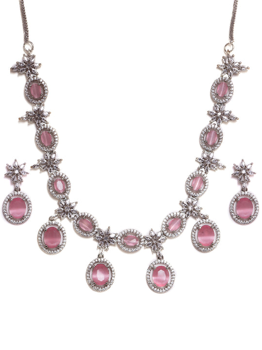 Rhodium Plated Necklace Set With American Diamond & Pink Stone Accents