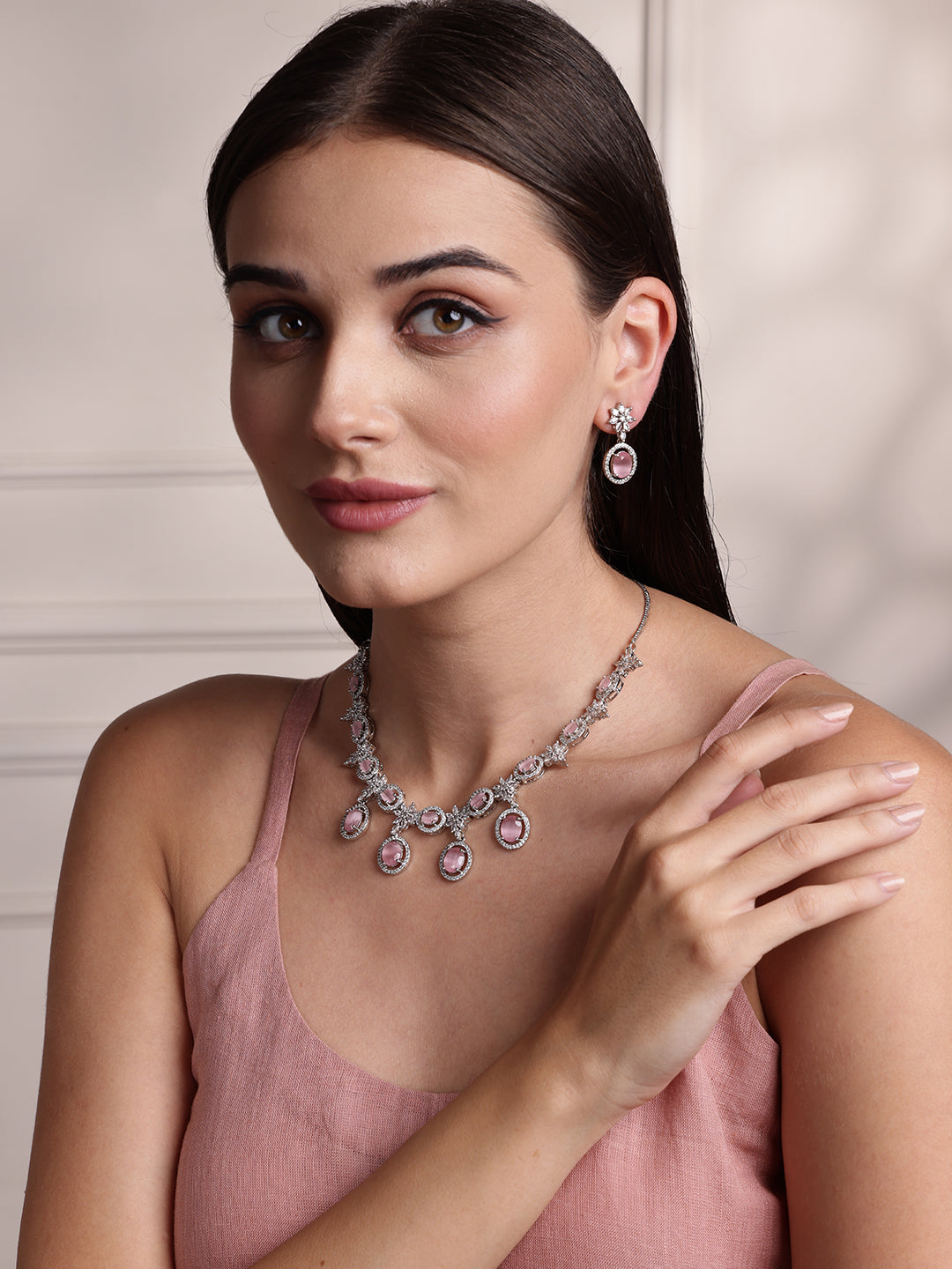 Rhodium Plated Necklace Set With American Diamond & Pink Stone Accents