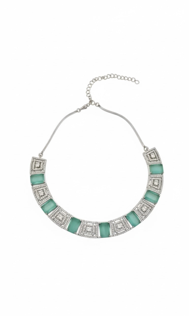 Silver-Plated American Diamond Studded Necklace With Earrings