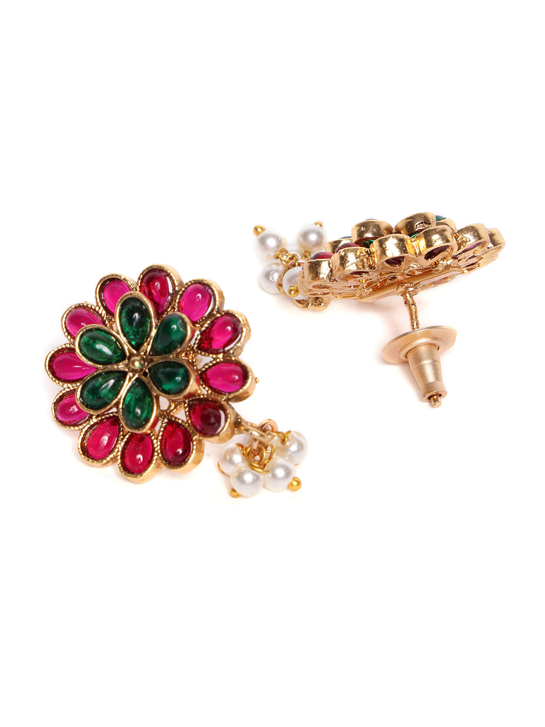 Gold-Plated Stones Studded & Beaded Necklace & Earrings