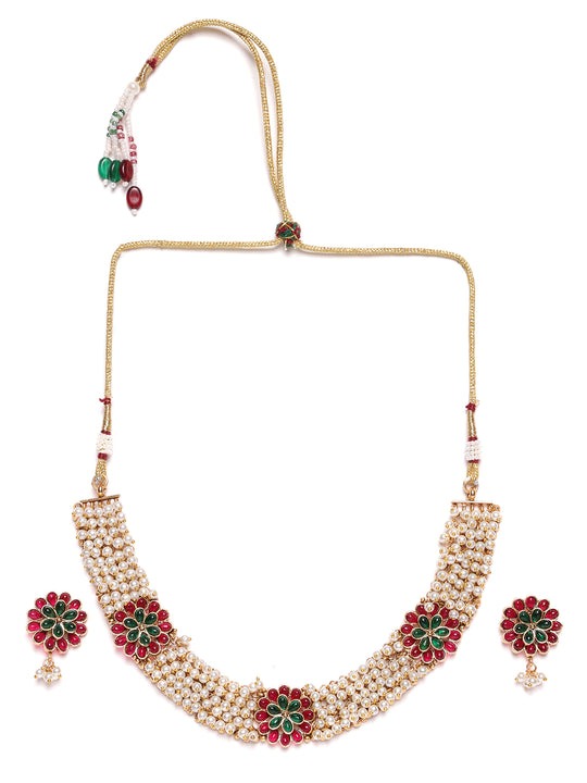 Gold-Plated Stones Studded & Beaded Necklace & Earrings